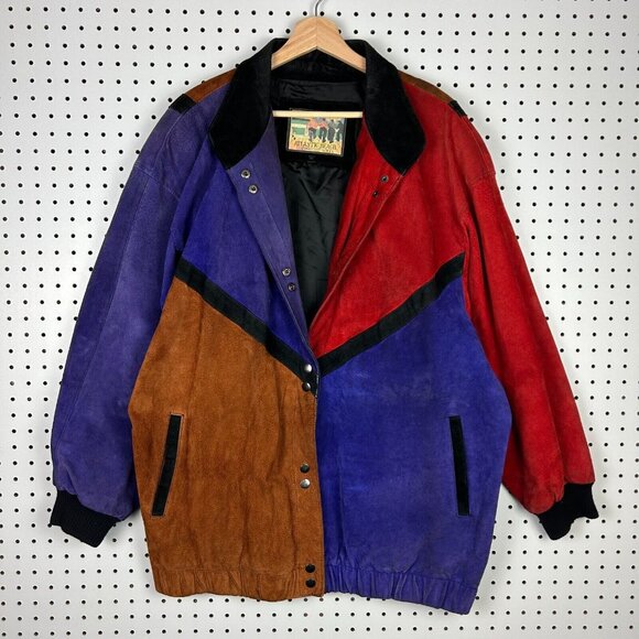 Atlantic Beach 90s Hip Hop Leather Jacket Size XL Purple Red Snap‎ Button READ - Picture 1 of 8